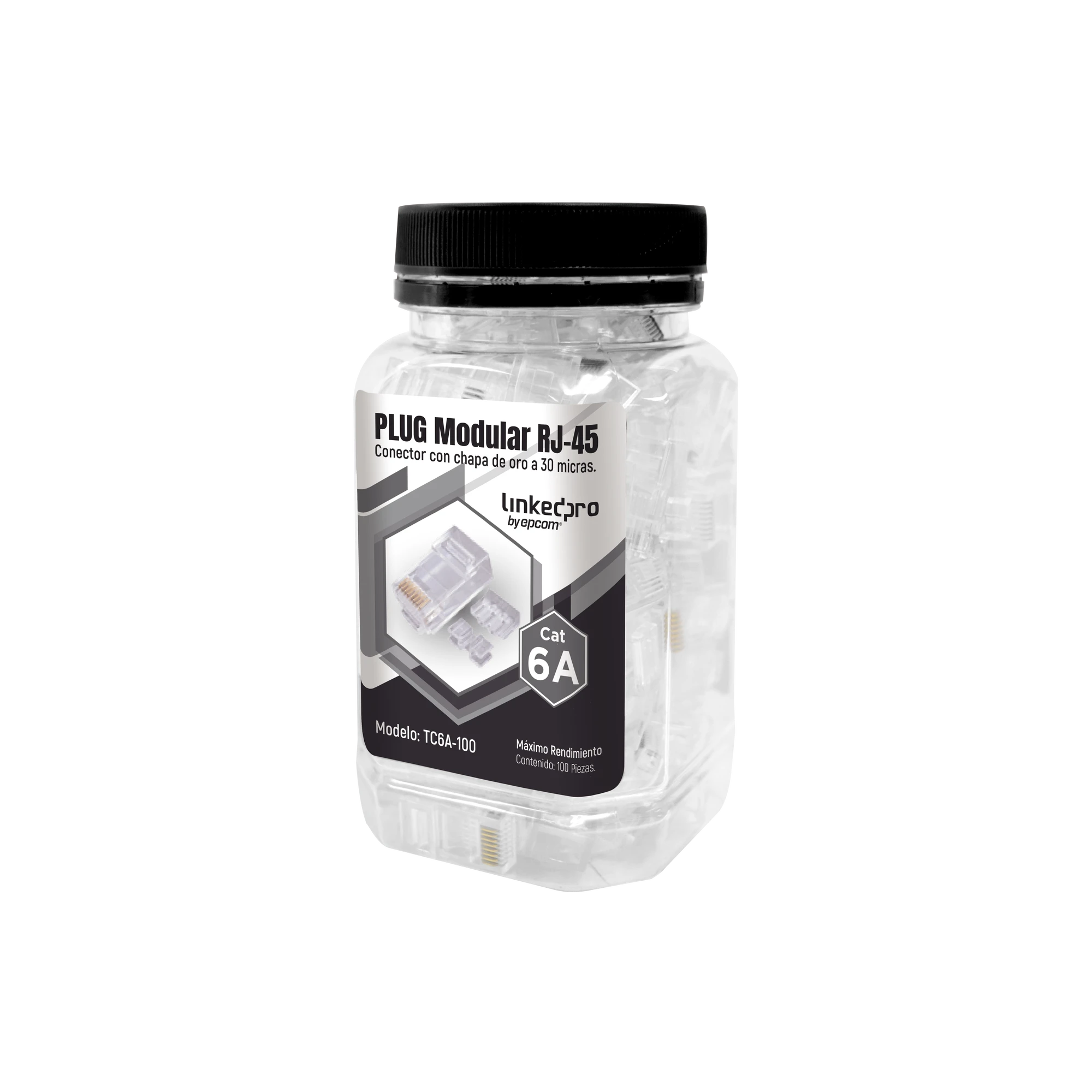 BOTE CON 100 PIEZAS DE PLUG MODULAR RJ45 CAT6A CHAPADO DE ORO A 30 MICRAS PARA DURABILIDAD EXTREMA-Jacks / Plugs-LINKEDPRO BY EPCOM-Bsai Seguridad & Controles
