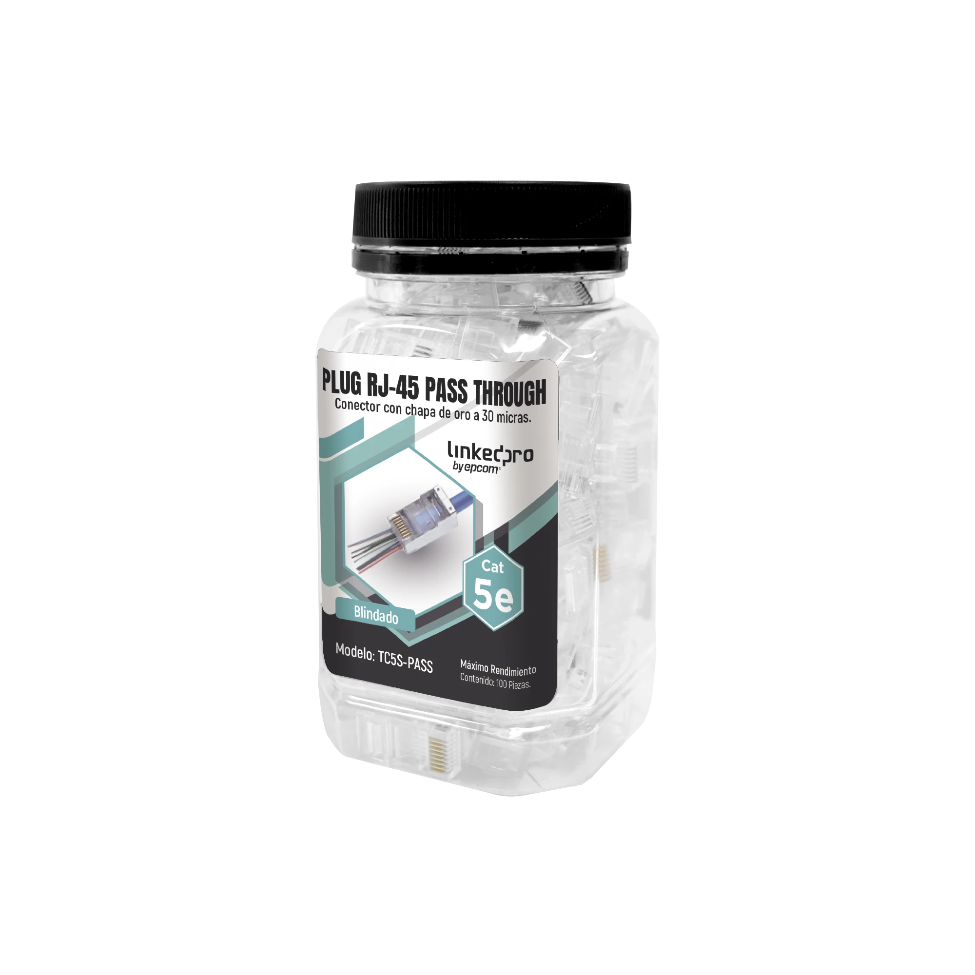 BOTE CON 100 PLUGS PASS THROUGH RJ45 CAT5E BLINDADO, CHAPADO DE ORO A 30 MICRAS PARA DURABILIDAD EXTREMA-Jacks / Plugs-LINKEDPRO BY EPCOM-Bsai Seguridad & Controles