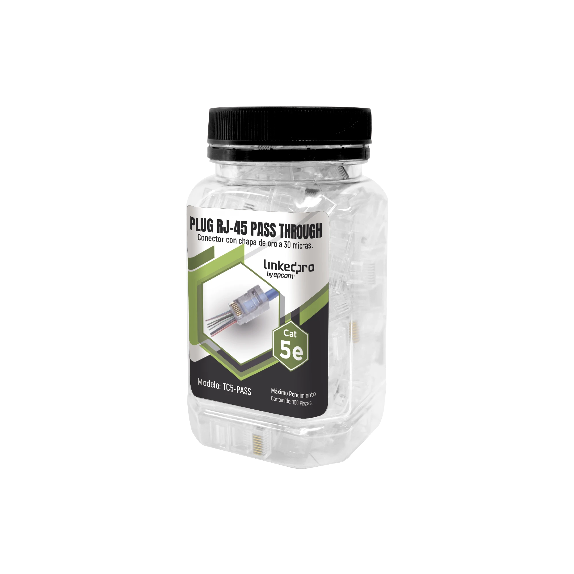 BOTE CON 100 PLUGS PASS THROUGH RJ45 CAT5E SIN BLINDAJE, CHAPADO DE ORO A 30 MICRAS PARA DURABILIDAD EXTREMA-Jacks / Plugs-LINKEDPRO BY EPCOM-Bsai Seguridad & Controles