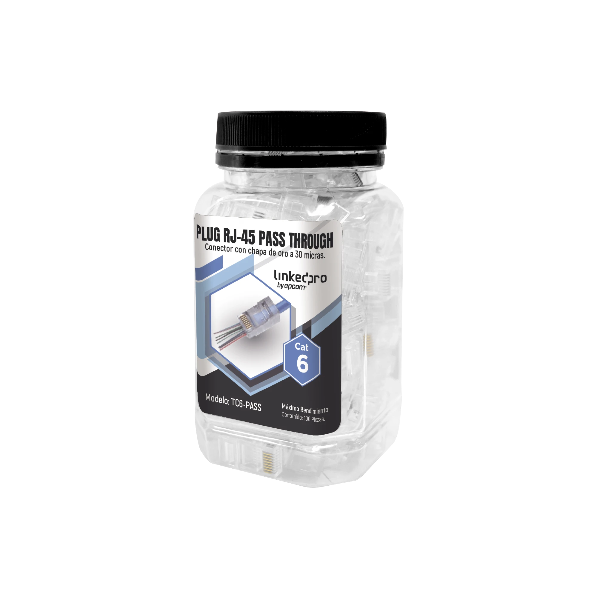 BOTE CON 100 PLUGS PASS THROUGH RJ45 CAT6 SIN BLINDAJE, CHAPADO DE ORO A 30 MICRAS PARA DURABILIDAD EXTREMA-Jacks / Plugs-LINKEDPRO BY EPCOM-Bsai Seguridad & Controles
