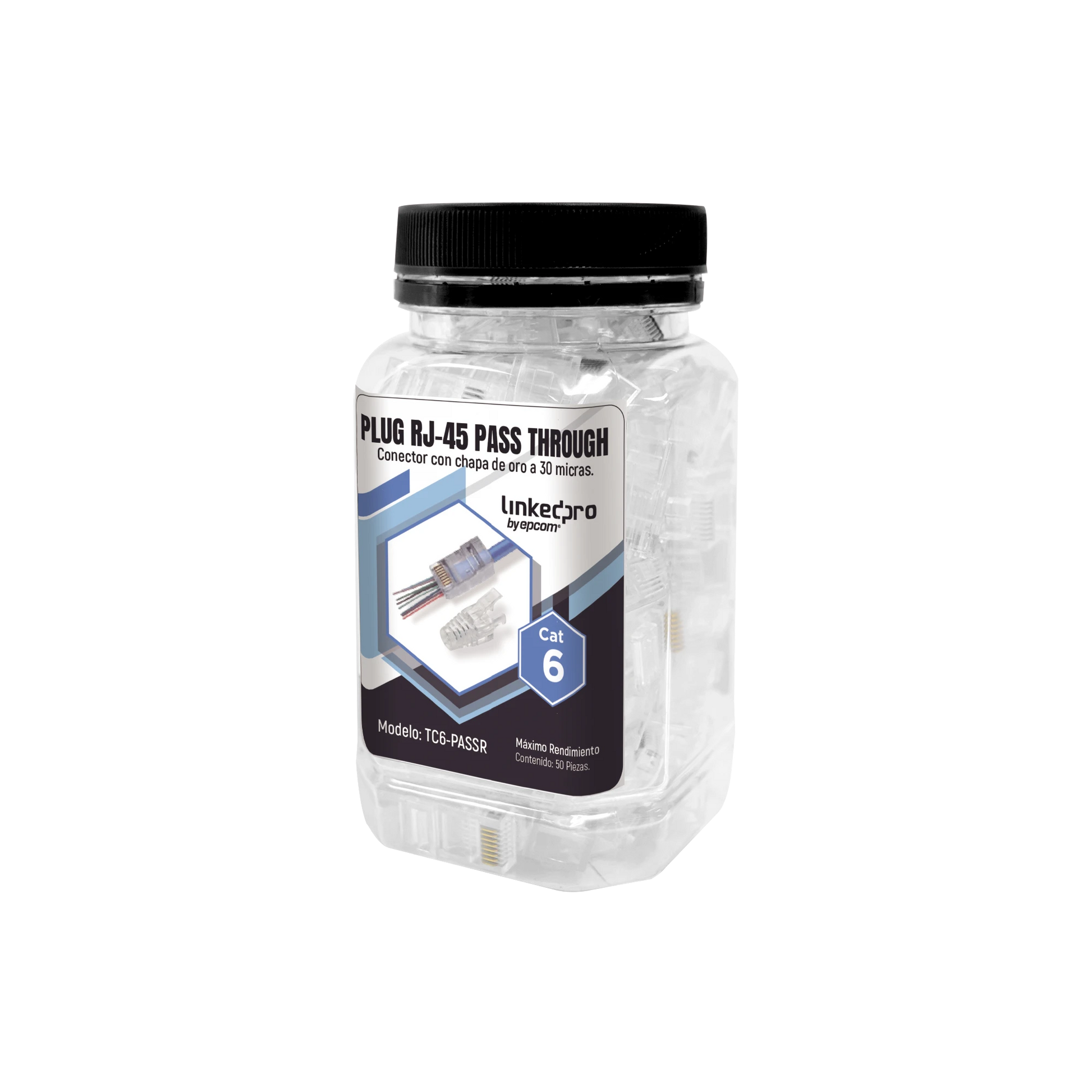 BOTE CON 50 PLUGS PASS THROUGH RJ45 CAT6 SIN BLINDAJE, CON ALIVIO DE TENSION INCLUIDO, CHAPADO DE ORO A 30 MICRAS PARA DURABILIDAD EXTREMA-Jacks / Plugs-LINKEDPRO BY EPCOM-Bsai Seguridad & Controles
