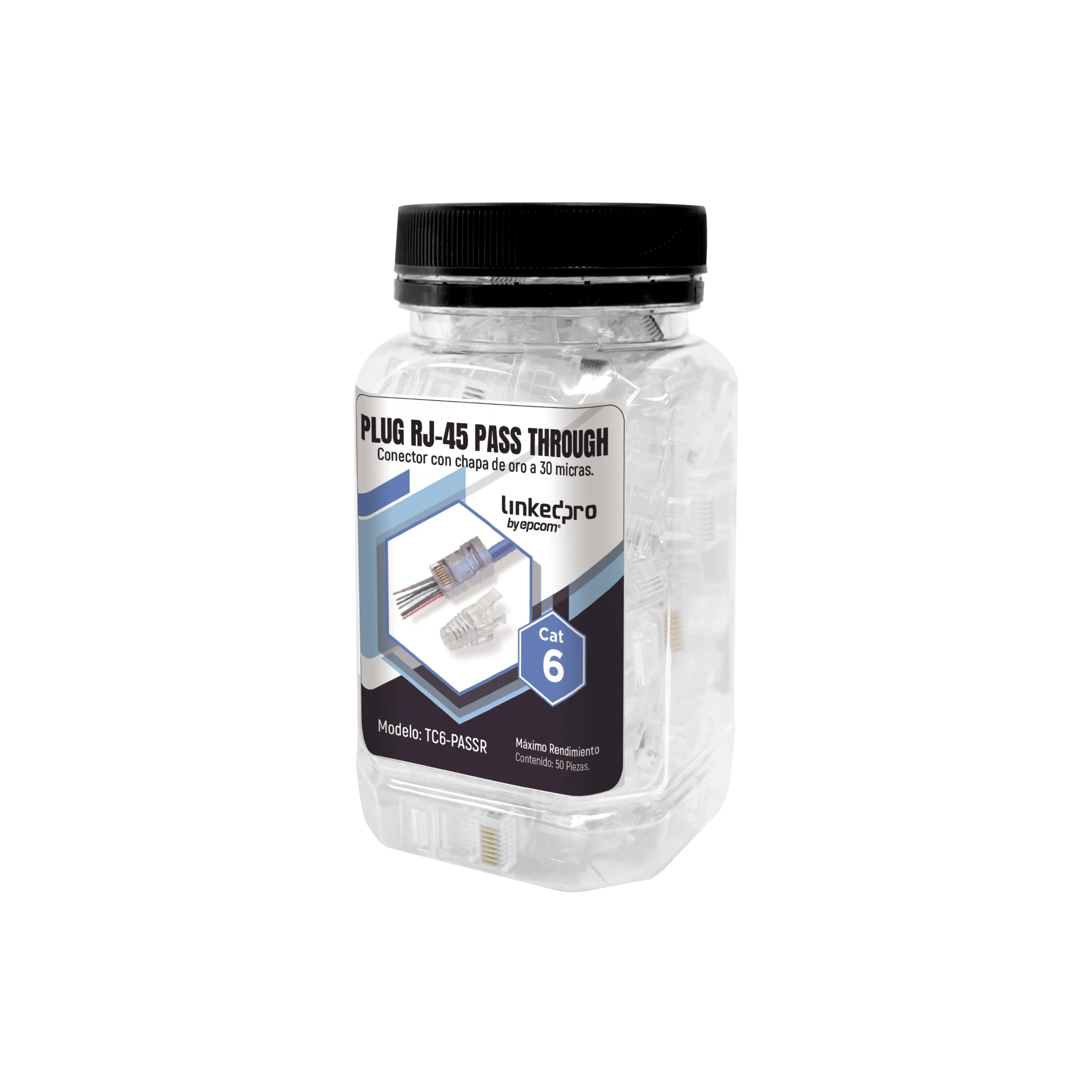 BOTE CON 50 PLUGS PASS THROUGH RJ45 CAT6 SIN BLINDAJE, CON ALIVIO DE TENSION INCLUIDO, CHAPADO DE ORO A 30 MICRAS PARA DURABILIDAD EXTREMA-Jacks / Plugs-LINKEDPRO BY EPCOM-Bsai Seguridad & Controles