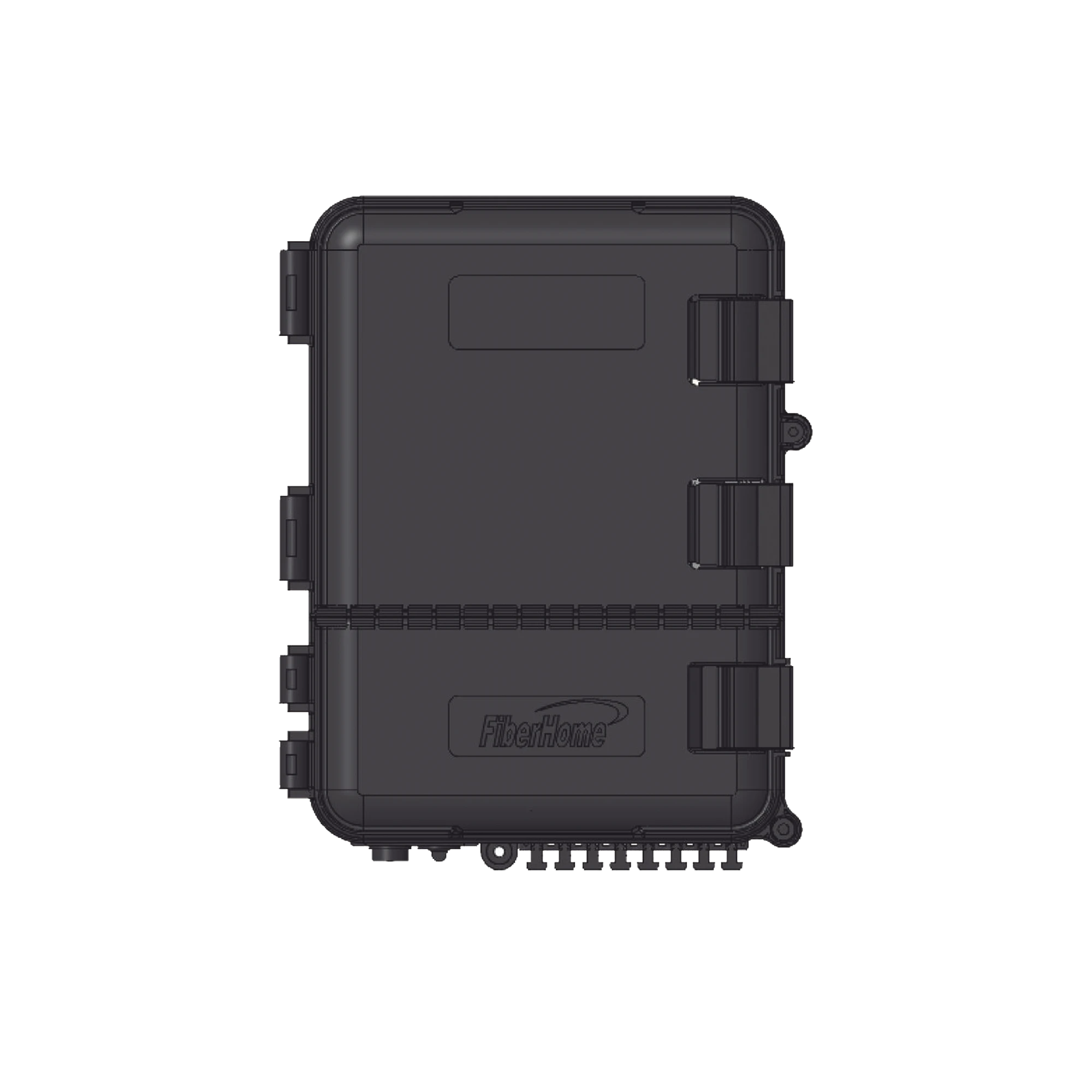 CAJA DE DISTRIBUCIÓN DE FIBRA OPTICA PARA 24 EMPALMES, CON 8 ACOPLADORES SC/APC SIMPLEX, EXTERIOR IP55, COLOR NEGRO-Distribuidores de Fibra Optica-FIBERHOME-Bsai Seguridad & Controles