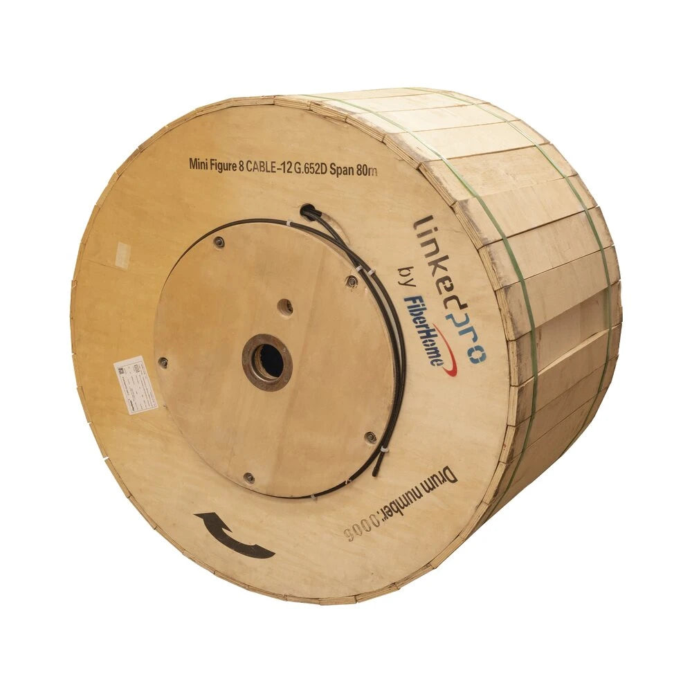 CARRETE DE 4 KM DE FIBRA OPTICA AÉREA MINI FIGURA 8, G.625D, MONOMODO DE 12 HILOS, EXTERIOR, SPAN 80, LOOSE TUBE-Cable de Fibra Optica-LINKEDPRO BY FIBERHOME-Bsai Seguridad & Controles