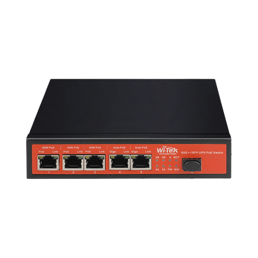 CONTROLADOR DE CARGA CON UPS SWITCH NO ADMINISTRABLE DE 5 PUERTOS 10/100/1000 POE + 1 PUERTO SFP GIGABIT, CON RESPALDO PARA ENERGÍA SOLAR-Switches PoE-WI-TEK-Bsai Seguridad & Controles