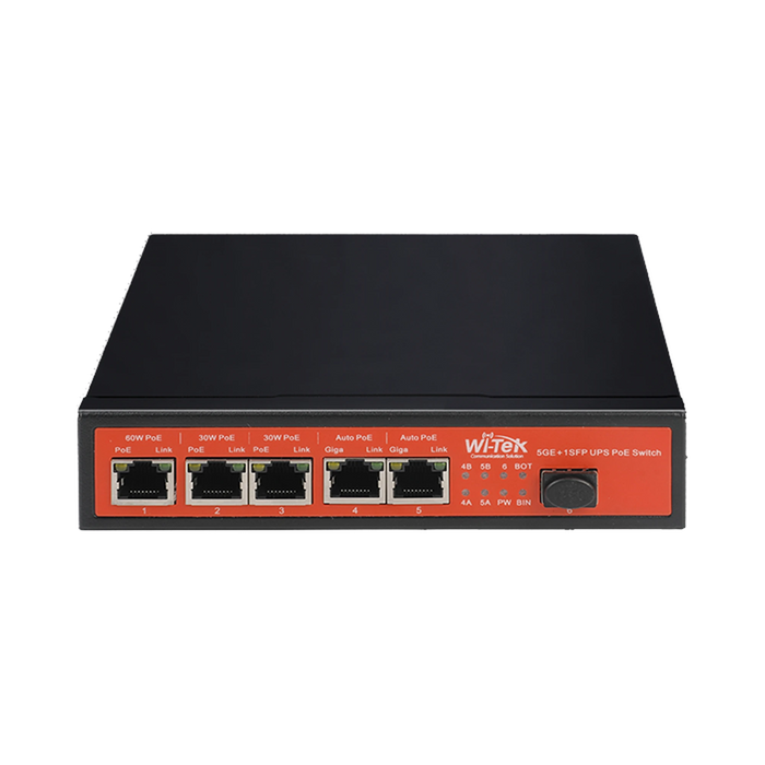 CONTROLADOR DE CARGA CON UPS SWITCH NO ADMINISTRABLE DE 5 PUERTOS 10/100/1000 POE + 1 PUERTO SFP GIGABIT, CON RESPALDO PARA ENERGÍA SOLAR-Switches PoE-WI-TEK-Bsai Seguridad & Controles