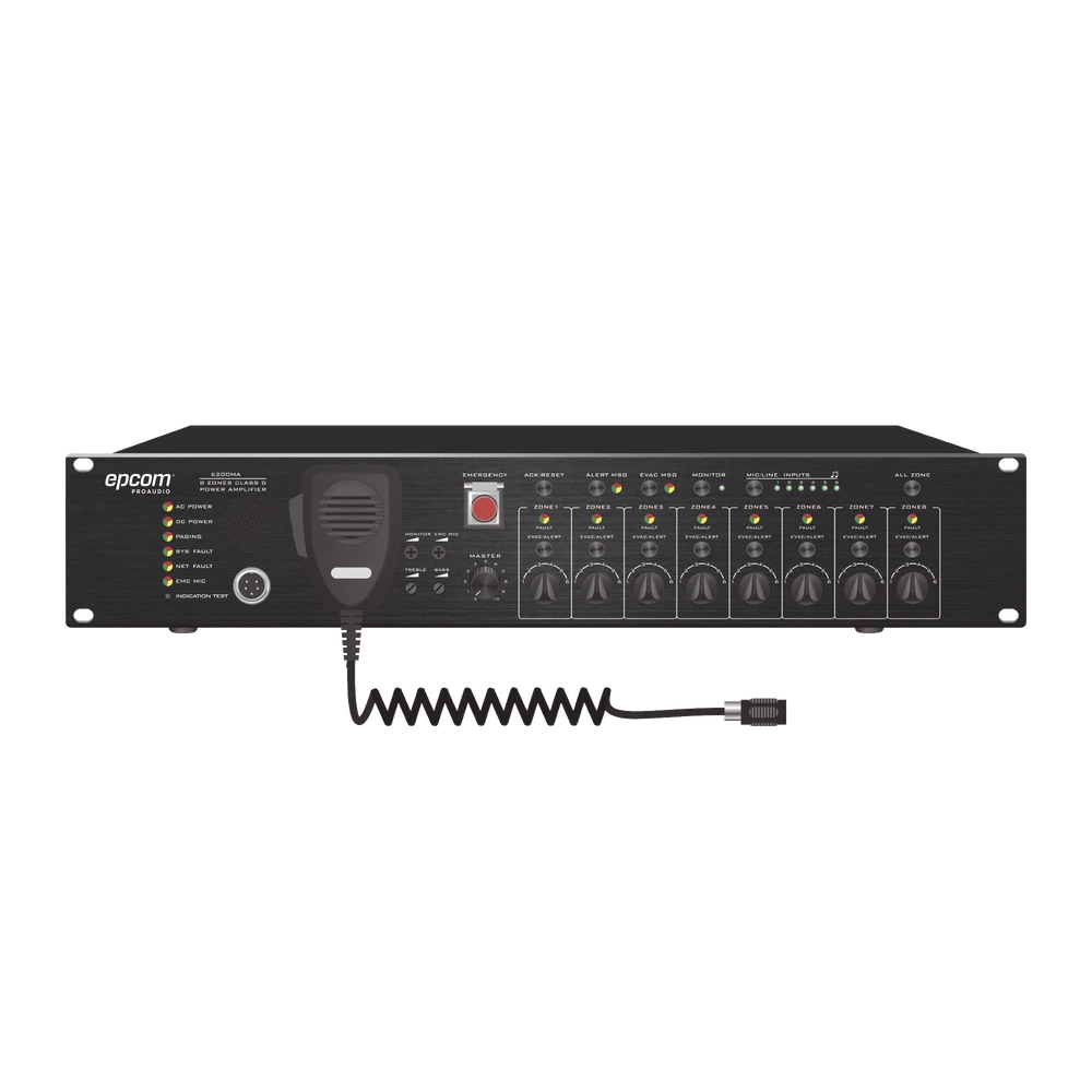 CONTROLADOR DE EVACUACIÓN DE 8 ZONAS, 500W DE POTENCIA, 2 SALIDAS, INDICADOR LED Y VOLUMEN INDEPENDIENTE PARA CADA ZONA, 6 ENTRADAS DE AUDIO, 24VCD-Megafonia y Audioevacuacion-EPCOM PROAUDIO-Bsai Seguridad & Controles
