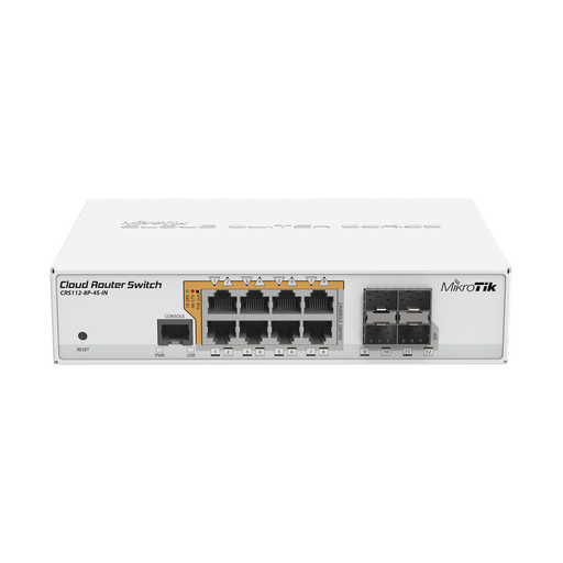 CLOUD ROUTER SWITCH ADMINISTRABLE L3, 8 PUERTOS 10/100/1000 MBPS C/POE PASIVO O 802.3AF/AT, 4 PUERTOS SFP-Switches PoE-MIKROTIK-CRS112-8P-4S-IN-Bsai Seguridad & Controles