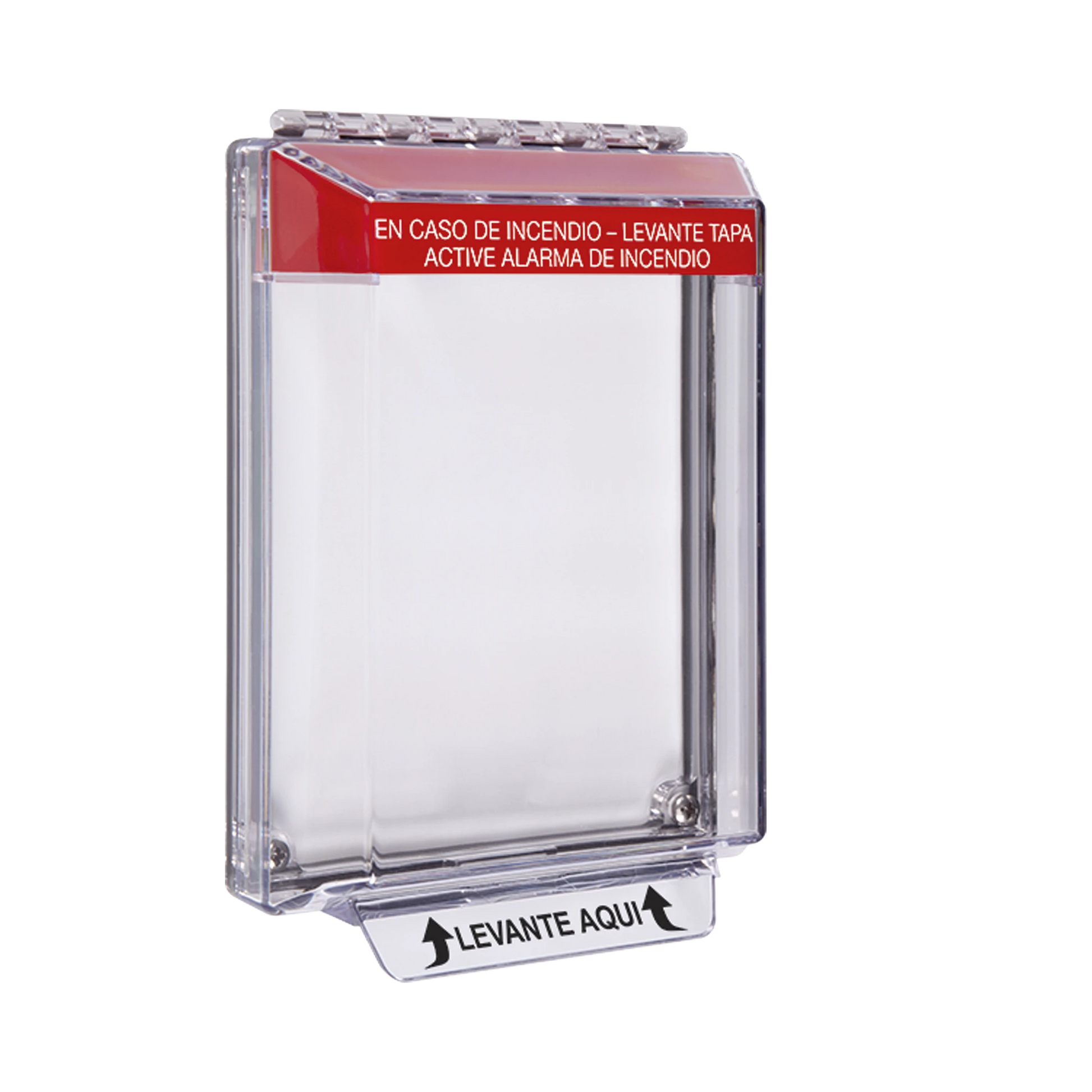 CUBIERTA UNIVERSAL TRANSPARENTE DE BAJO PERFIL Y TEXTO DE INCENDIO EN ESPAÑOL-Sirenas y Estrobos-STI-Bsai Seguridad & Controles