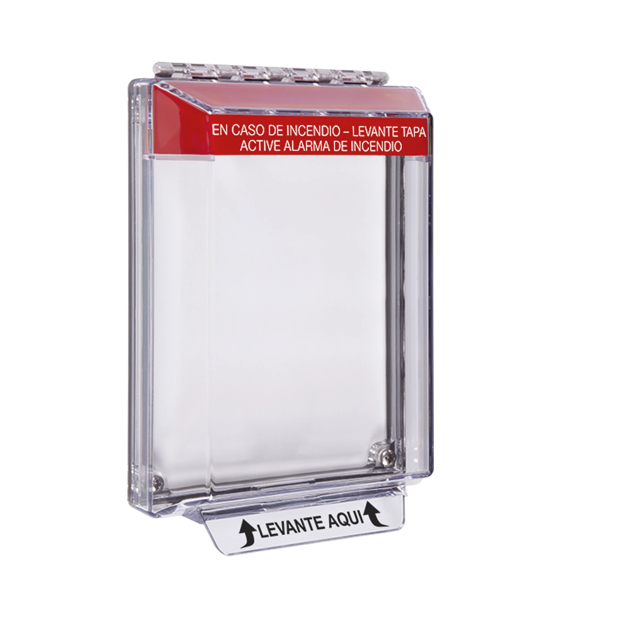 CUBIERTA UNIVERSAL TRANSPARENTE DE BAJO PERFIL Y TEXTO DE INCENDIO EN ESPAÑOL-Sirenas y Estrobos-STI-Bsai Seguridad & Controles