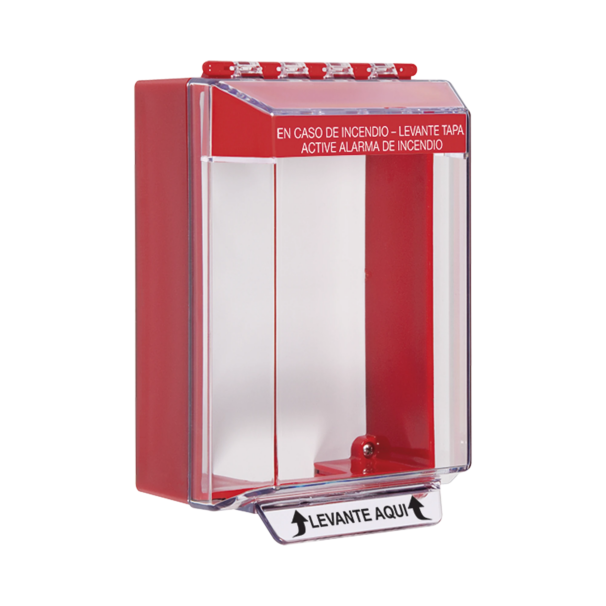 CUBIERTA UNIVERSAL TRANSPARENTE, DE BAJO PERFIL, CON ESPACIADOR Y TEXTO DE INCENDIO EN ESPAÑOL-Sirenas y Estrobos-STI-Bsai Seguridad & Controles