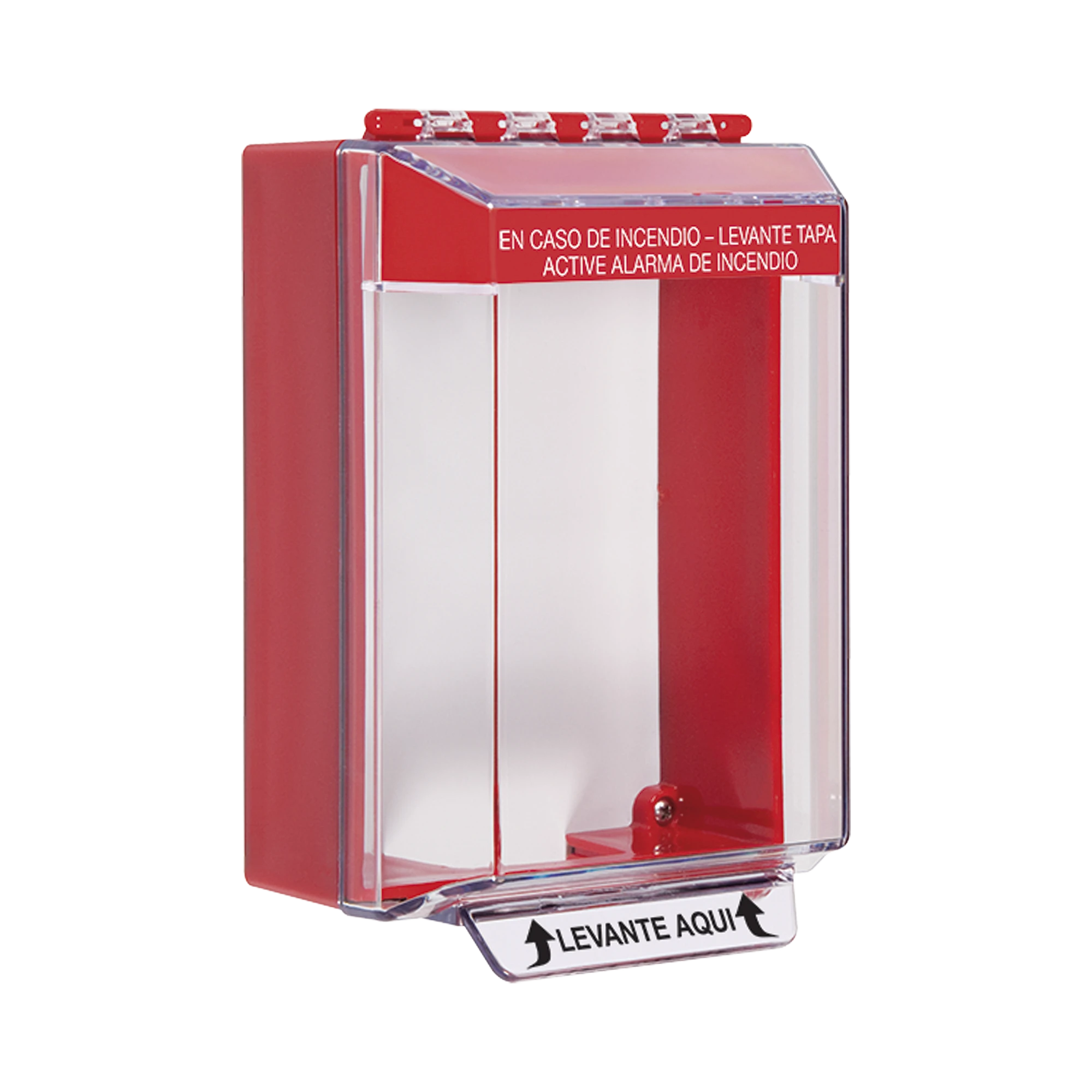 CUBIERTA UNIVERSAL TRANSPARENTE, DE BAJO PERFIL, CON ESPACIADOR, TEXTO DE INCENDIO EN ESPAÑOL, NOTIFICACIÓN AUDIBLE Y VISIBLE-Sirenas y Estrobos-STI-Bsai Seguridad & Controles