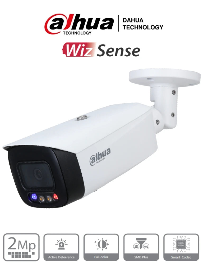 DAHUA IPC-HFW3249T1-AS-PV- CÁMARA IP BULLET TIOC DE 2 MEGAPIXELES/ LENTE DE 3,6 MM/ SIRENA INTEGRADA/ ESTROBO ROJO Y AZUL/ FULL COLOR/ SMD PLUS/ H265/ LEDS PARA 40 MTS/ MICROFONO INTEGRADO/IP67/ POE/ WIZSENSE/-Cámaras IP-DAHUA-Bsai Seguridad & Controles