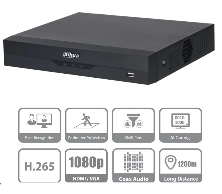 DAHUA XVR5104HS-4KL-I2 - DVR DE 4 CANALES 4K/ WIZSENSE/ H.265+/ 4 CANALES HDCVI+4 IP/ HASTA 8 CH IP/ 2 CH DE RECONOCIMIENTO FACIAL/ SDM PLUS/ PROTECCIÓN PERIMETRAL/ 1 SATA DE HASTA 10TB/ SOPORTA HDCVI/AHD/TVI/CVBS-Dvrs-DAHUA-Bsai Seguridad & Controles