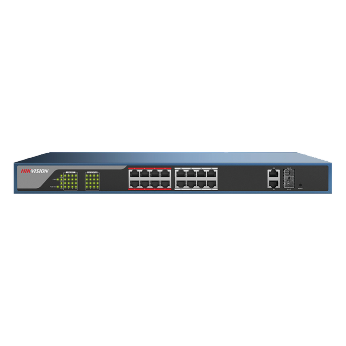 SWITCH POE 250 METROS LARGA DISTANCIA / ADMINISTRABLE DE ACCESO/ CONFIGURACIÓN VIA WEB / 16 PUERTOS 802.3AT (30W) 10/100 MBPS + 2 PUERTOS GIGABIT + 2 PUERTOS SFP-Switches PoE-HIKVISION-DS-3E1318P-E-Bsai Seguridad & Controles