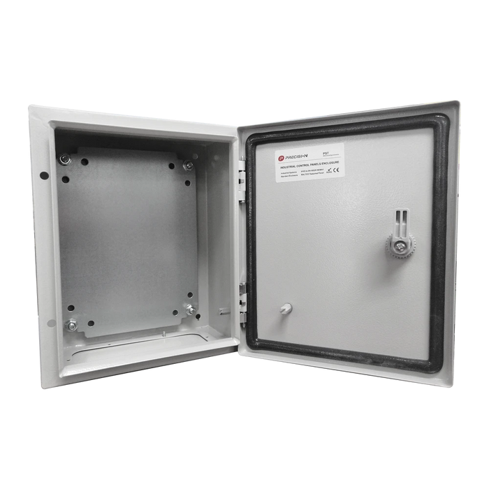 GABINETE DE ACERO IP66 USO EN INTEMPERIE (250 X 300 X 150 MM) CON PLACA TRASERA INTERIOR Y COMPUERTA INFERIOR ATORNILLABLE (INCLUYE CHAPA Y LLAVE).-Gabinetes para Exterior-PRECISION-Bsai Seguridad & Controles