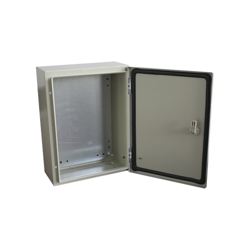 GABINETE DE ACERO IP66 USO EN INTEMPERIE (300 X 400 X 200 MM) CON PLACA TRASERA INTERIOR Y COMPUERTA INFERIOR ATORNILLABLE (INCLUYE CHAPA Y LLAVE).-Gabinetes para Exterior-PRECISION-Bsai Seguridad & Controles