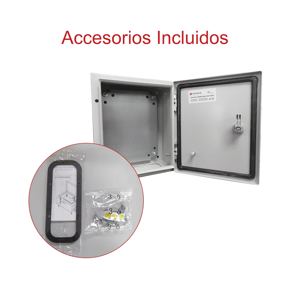 GABINETE DE ACERO IP66 USO EN INTEMPERIE (300 X 400 X 200 MM) CON PLACA TRASERA INTERIOR Y COMPUERTA INFERIOR ATORNILLABLE (INCLUYE CHAPA Y LLAVE).-Gabinetes para Exterior-PRECISION-Bsai Seguridad & Controles