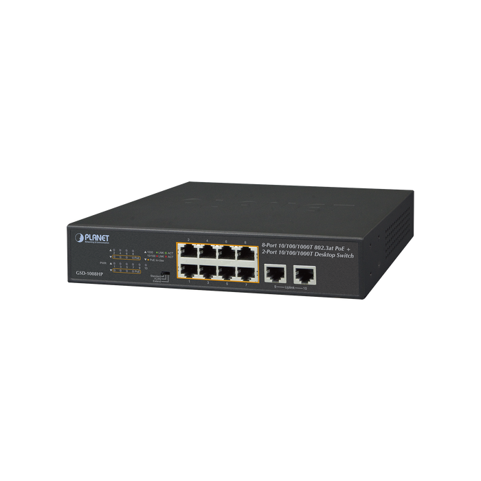 SWITCH NO ADMINISTRABLE POE DE 8 PUERTOS 10/100/1000 MBPS CON POE 802.3AF/AT-Switches PoE-PLANET-GSD-1008HP-Bsai Seguridad & Controles