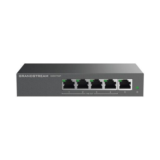 Switch PoE+ Gigabit No Administrable / 5 puertos 10/100/1000 Mbps / 4 puertos PoE+ / hasta 60W-Routers-Firewalls-Balanceadores-GRANDSTREAM-GWN7700P-Bsai Seguridad & Controles