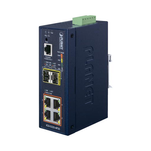 SWITCH INDUSTRIAL ADMINISTRABLE CAPA 2, 4 PUERTOS POE 802.3AF/AT 10/100/1000T, 2 PUERTOS SFP 100/1000X-Networking-PLANET-IGS-5225-4P2S-Bsai Seguridad & Controles