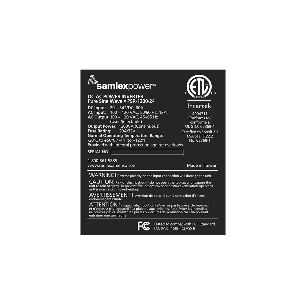 INVERSOR DE CORRIENTE ONDA PURA MONTAJE EN RACK 1U 1200W, 24 VCD- 120 VCA, 50/60 HZ-Inversores y Convertidores-SAMLEX-Bsai Seguridad & Controles