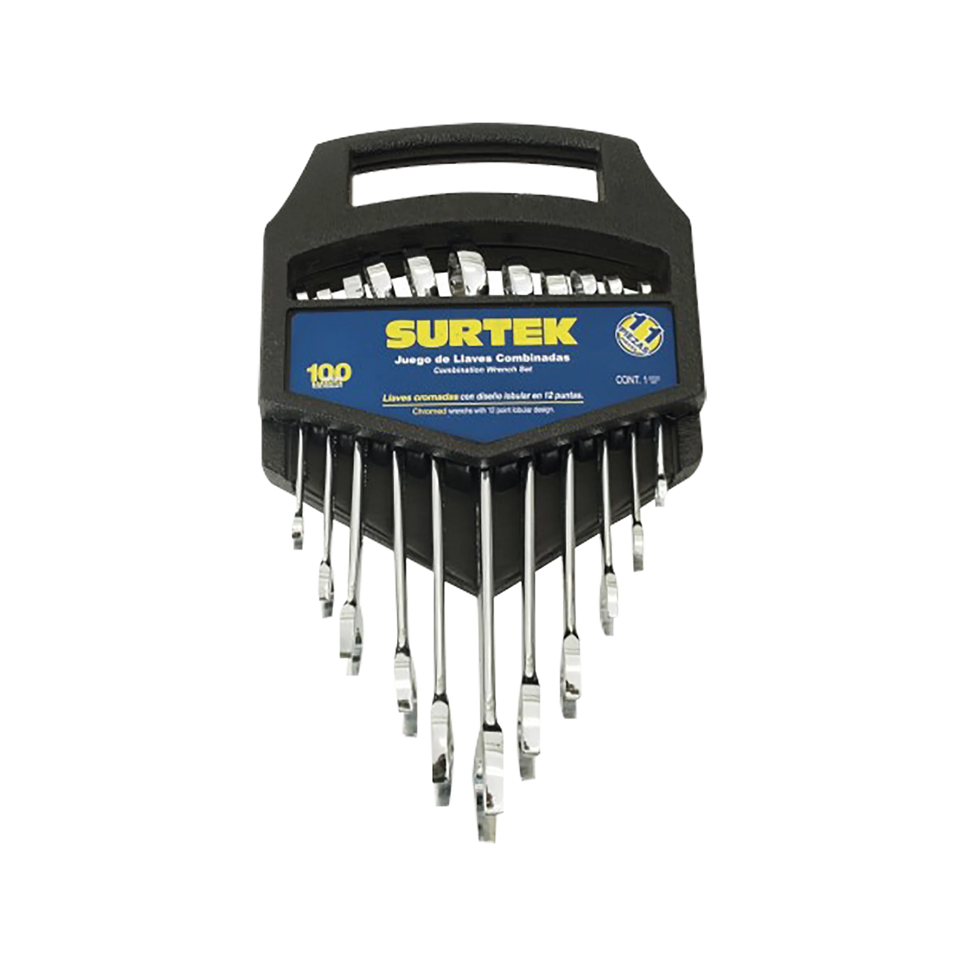 JUEGO DE LLAVES COMBINADAS EN RACK CON 11 PIEZAS METRICAS, DE CROMO CON ACABADO SATINADO.-Herramientas-SURTEK-Bsai Seguridad & Controles