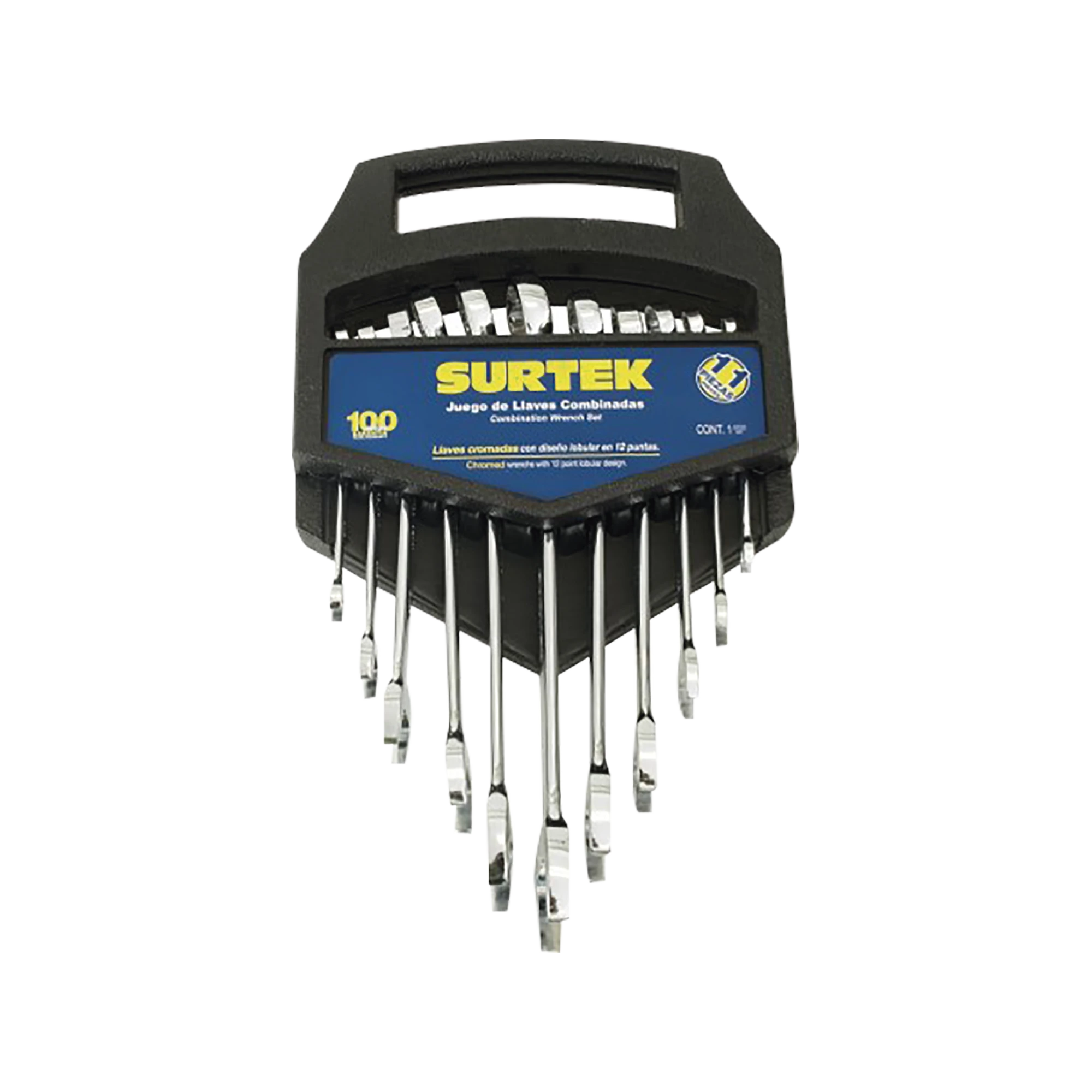 JUEGO DE LLAVES COMBINADAS EN RACK CON 11 PIEZAS METRICAS, DE CROMO CON ACABADO SATINADO.-Herramientas-SURTEK-Bsai Seguridad & Controles