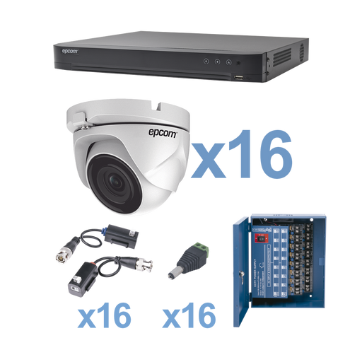 KIT TURBOHD 1080P / DVR 16 CANALES / 16 CÁMARAS EYEBALL (EXTERIOR 2.8 MM) 103° VISIÓN / TRANSCEPTORES / CONECTORES / FUENTE DE PODER PROFESIONAL-Kits Cámaras de Seguridad-EPCOM-KEVTX8T16EW-Bsai Seguridad & Controles