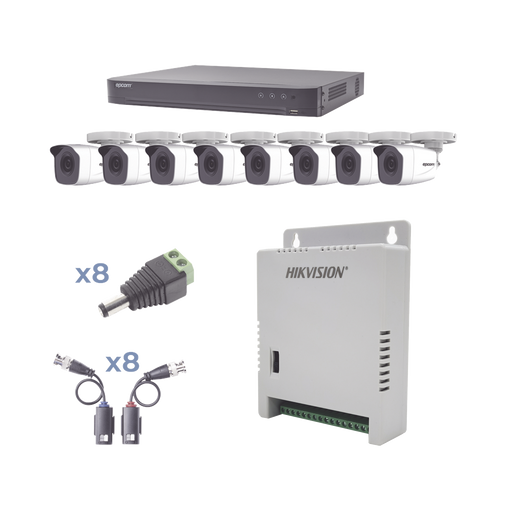 KIT TURBOHD 1080P / DVR 8 CANALES / 8 CÁMARAS BALA (EXTERIOR 2.8 MM) / TRANSCEPTORES / CONECTORES / FUENTE DE PODER PROFESIONAL HASTA 15 VCC PARA LARGA DISTANCIAS-Kits- Sistemas Completos-EPCOM-KEVTX8T8BW-Bsai Seguridad & Controles