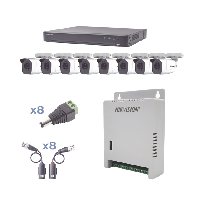 KIT TURBOHD 1080P / DVR 8 CANALES / 8 CÁMARAS BALA (EXTERIOR 2.8 MM) / TRANSCEPTORES / CONECTORES / FUENTE DE PODER PROFESIONAL HASTA 15 VCC PARA LARGA DISTANCIAS-Kits- Sistemas Completos-EPCOM-KEVTX8T8BW-Bsai Seguridad & Controles