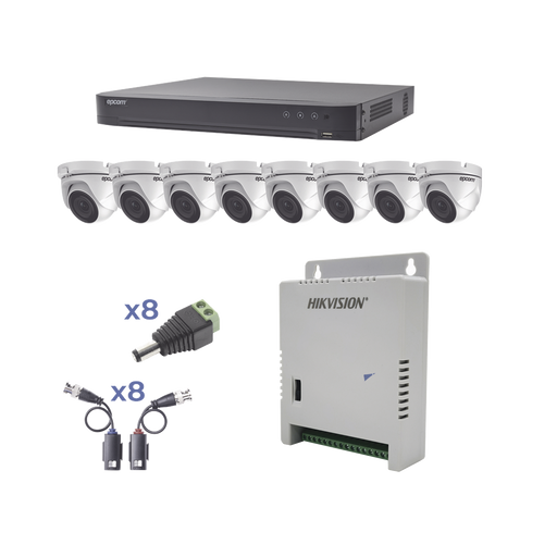 KIT TURBOHD 1080P / DVR 8 CANALES / 8 CÁMARAS EYEBALL (EXTERIOR 2.8 MM) / TRANSCEPTORES / CONECTORES / FUENTE DE PODER PROFESIONAL HASTA 15 VCC PARA LARGA DISTANCIA-Kits- Sistemas Completos-EPCOM-KEVTX8T8EW-Bsai Seguridad & Controles
