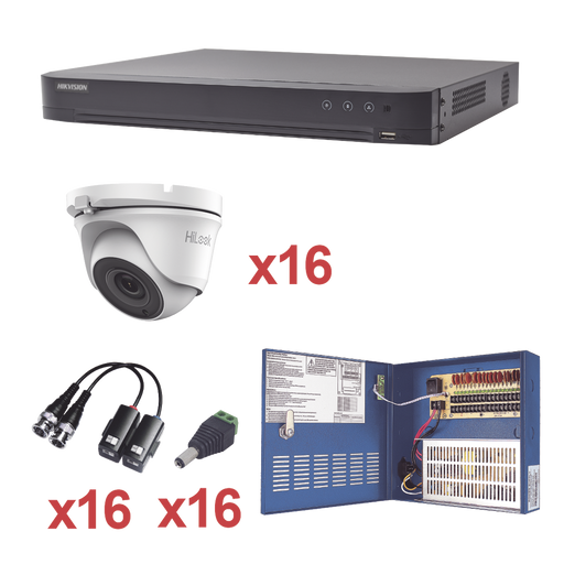 KIT TURBOHD 1080P / DVR 16 CANALES / 16 CÁMARAS TURRET (EXTERIOR 2.8 MM) / TRANSCEPTORES / CONECTORES / FUENTE DE PODER PROFESIONAL-Kits Cámaras de Seguridad-HIKVISION-KH1080P16DW-Bsai Seguridad & Controles