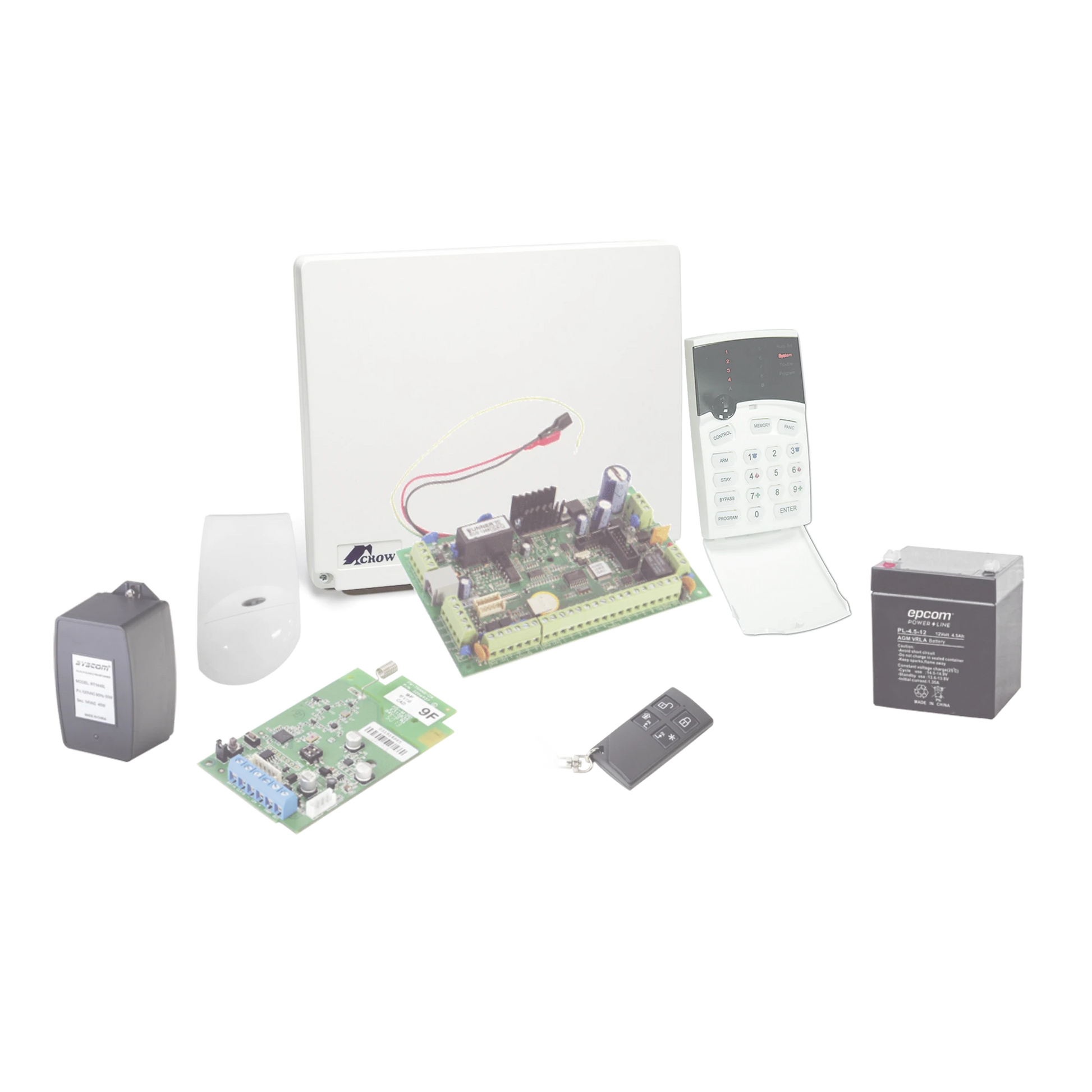 KIT DE ALARMA DE 8 A 16 ZONAS HÍBRIDO INCLUYE: SENSOR DE MOVIMIENTO INALÁMBRICO, RECEPTOR INALÁMBRICO, 2 CONTACTOS MAGNÉTICOS INALÁMBRICOS Y CONTROL REMOTO INALÁMBRICO.-Alarmas-CROW-Bsai Seguridad & Controles