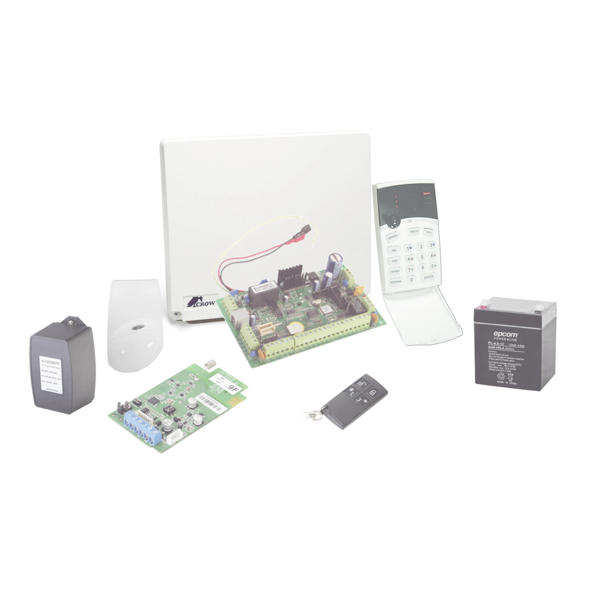 KIT DE ALARMA DE 8 A 16 ZONAS HÍBRIDO INCLUYE: SENSOR DE MOVIMIENTO INALÁMBRICO, RECEPTOR INALÁMBRICO, 2 CONTACTOS MAGNÉTICOS INALÁMBRICOS Y CONTROL REMOTO INALÁMBRICO.-Alarmas-CROW-Bsai Seguridad & Controles