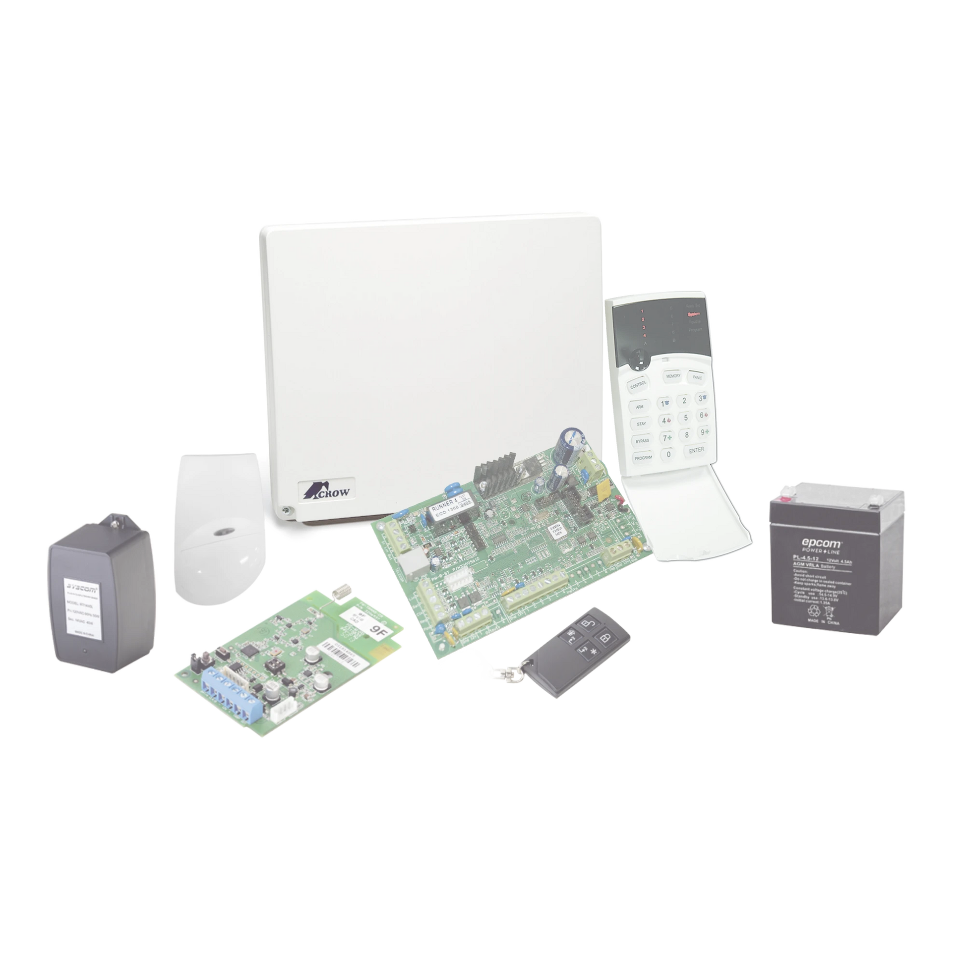 KIT INALÁMBRICO DE PANEL RUNNER4/8 CON RECEPTOR FWTRANS9F, 2 CONTACTOS FW2MAG9F, 1 DETECTOR DE MOVIMIENTO FW2NEO9F, 1 LLAVERO RF, BATERÍA/TRANSFORMADOR.-Alarmas-CROW-Bsai Seguridad & Controles