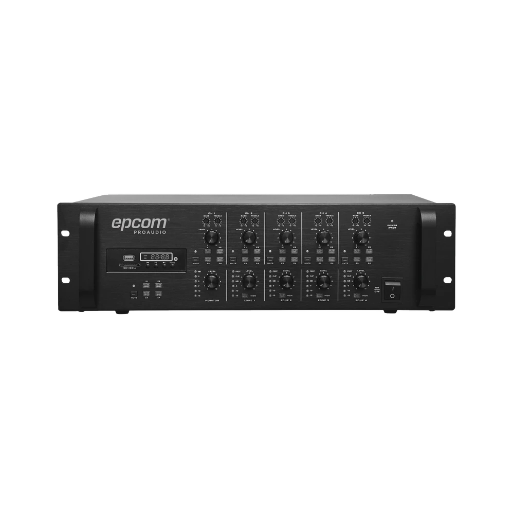 MEZCLADORA AMPLIFICADA DE 240W RMS / 4 CANALES / 5 ENTRADAS / MP3 TUNER USB/SD / 1 ENTRADA DE MICRÓFONO-Megafonia y Audioevacuacion-EPCOM PROAUDIO-Bsai Seguridad & Controles