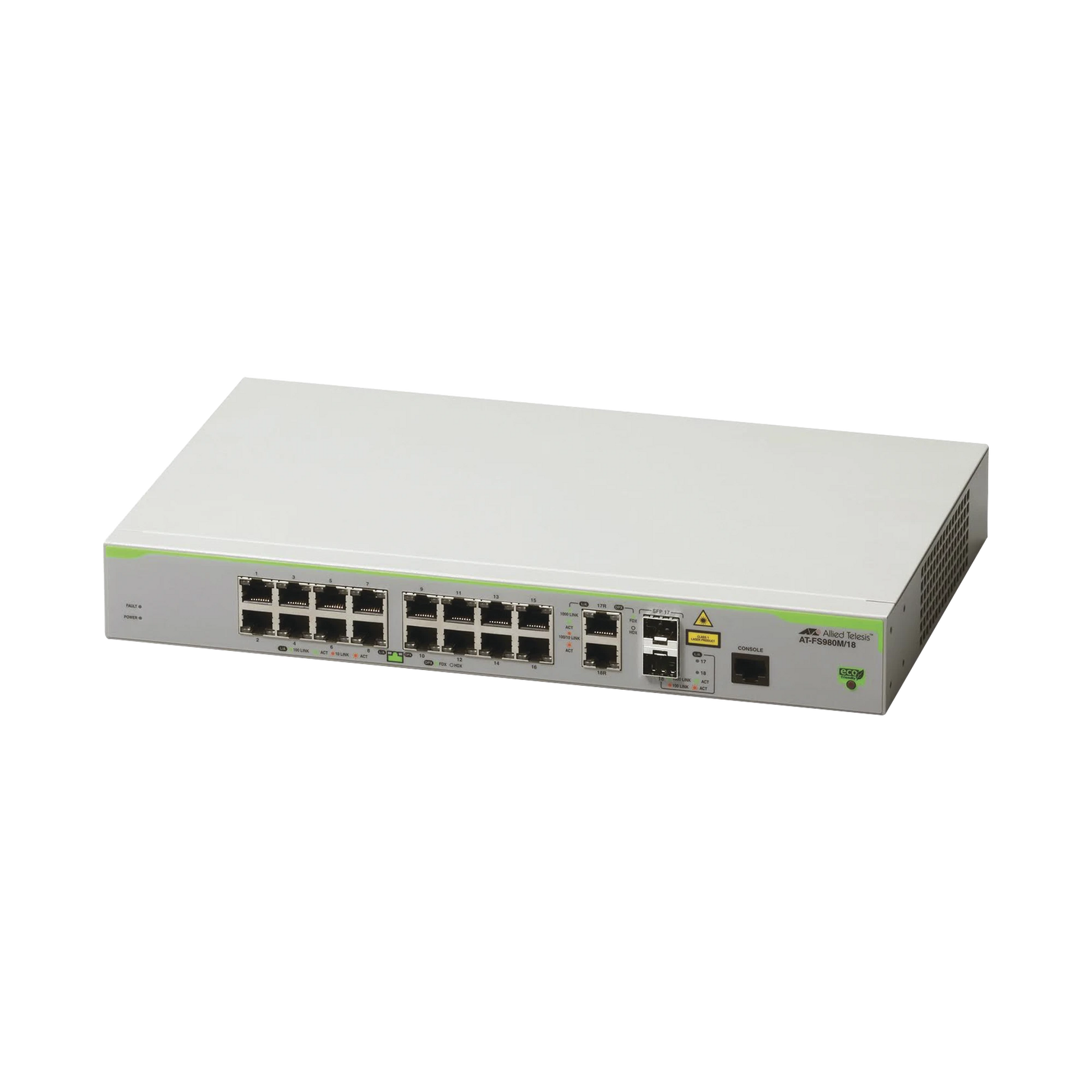 SWITCH ADMINISTRABLE CENTRECOM FS980M, CAPA 3 DE 16 PUERTOS 10/100 MBPS + 2 PUERTOS RJ45 GIGABIT/SFP COMBO-Switches-ALLIED TELESIS-Bsai Seguridad & Controles