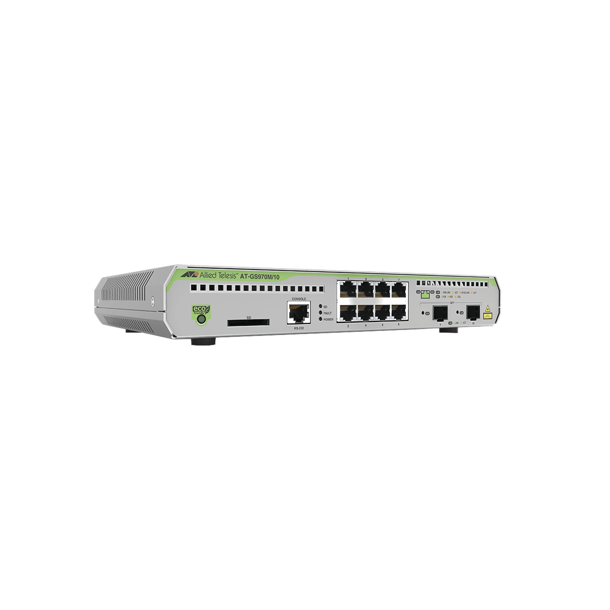 SWITCH ADMINISTRABLE CENTRECOM GS970M, CAPA 3 DE 8 PUERTOS 10/100/1000 MBPS + 2 PUERTOS SFP GIGABIT-Switches-ALLIED TELESIS-Bsai Seguridad & Controles
