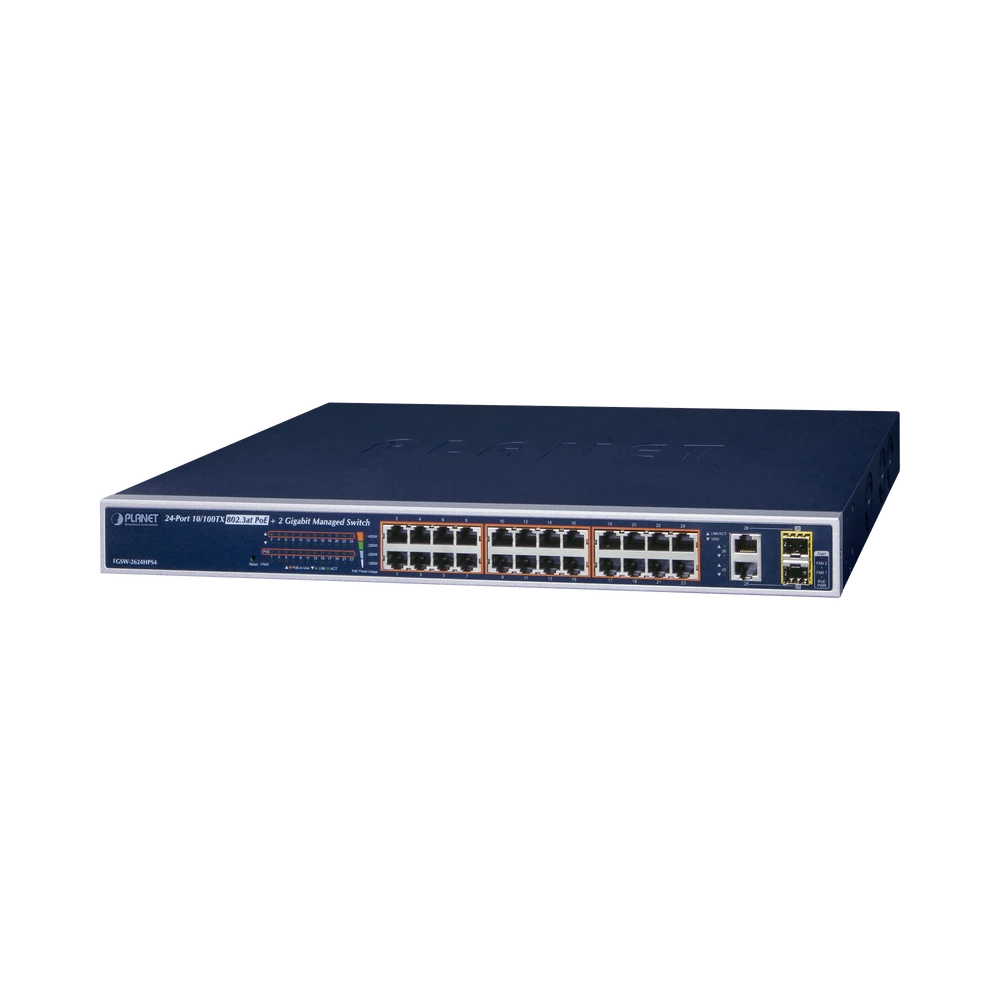 SWITCH ADMINISTRABLE DE 24 PUERTOS 10/100TX POE+ Y 2 PUERTOS COMBO TP/SFP GIGABIT-Switches PoE-PLANET-Bsai Seguridad & Controles