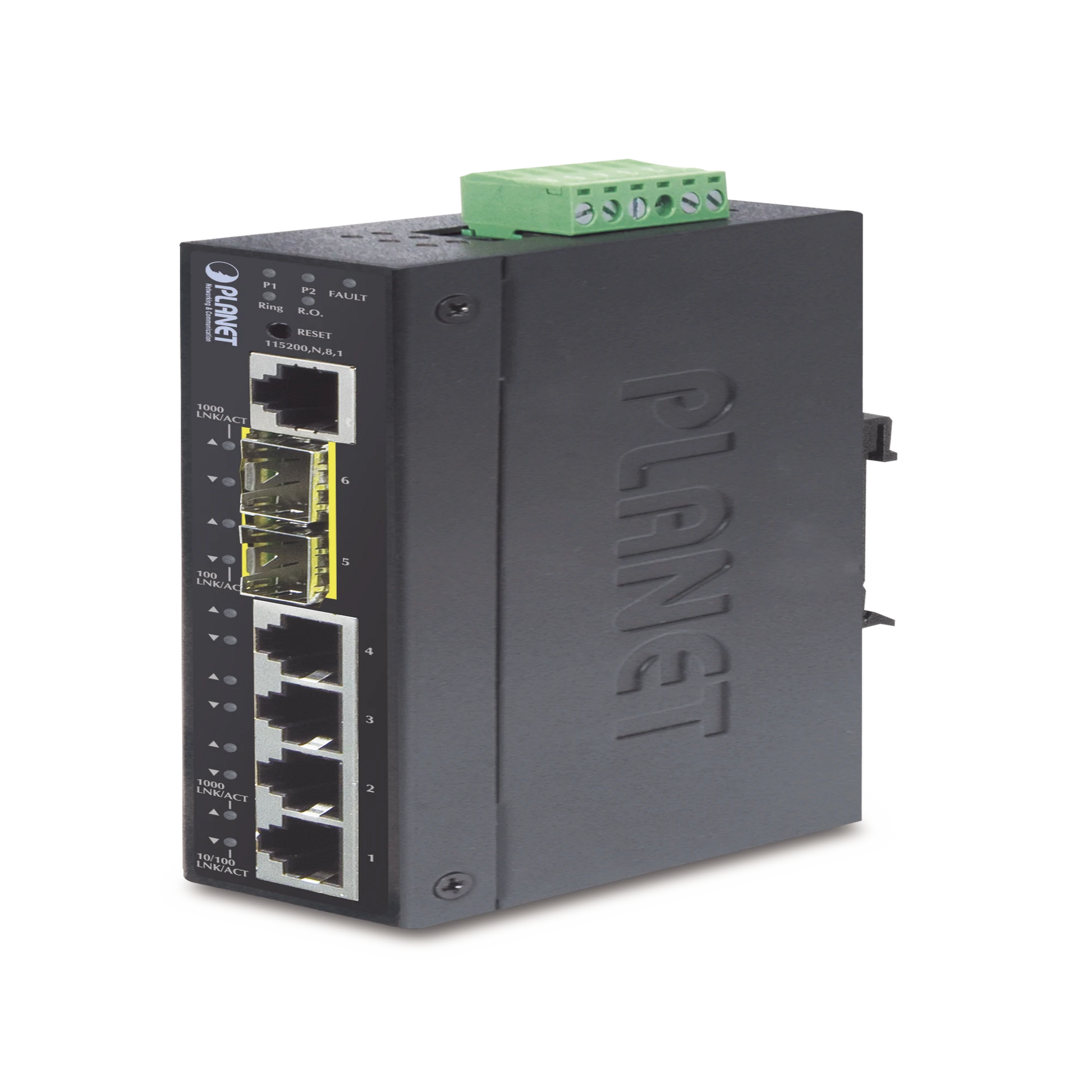 SWITCH ADMINISTRABLE INDUSTRIAL L2+ DE 4 PUERTOS 10/100/1000T + 2 PUERTOS SFP 100/1000X-Industrial-PLANET-Bsai Seguridad & Controles