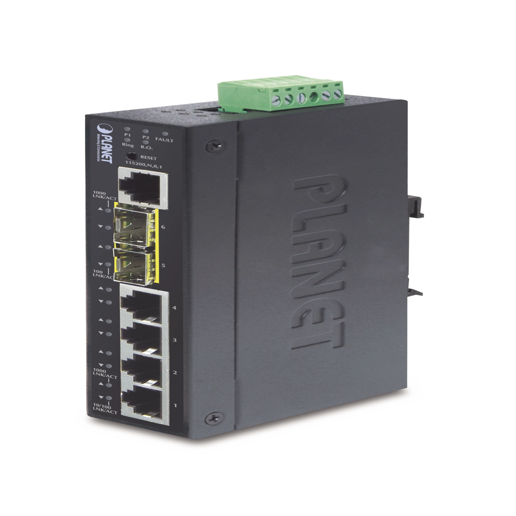 SWITCH ADMINISTRABLE INDUSTRIAL L2+ DE 4 PUERTOS 10/100/1000T + 2 PUERTOS SFP 100/1000X-Industrial-PLANET-Bsai Seguridad & Controles