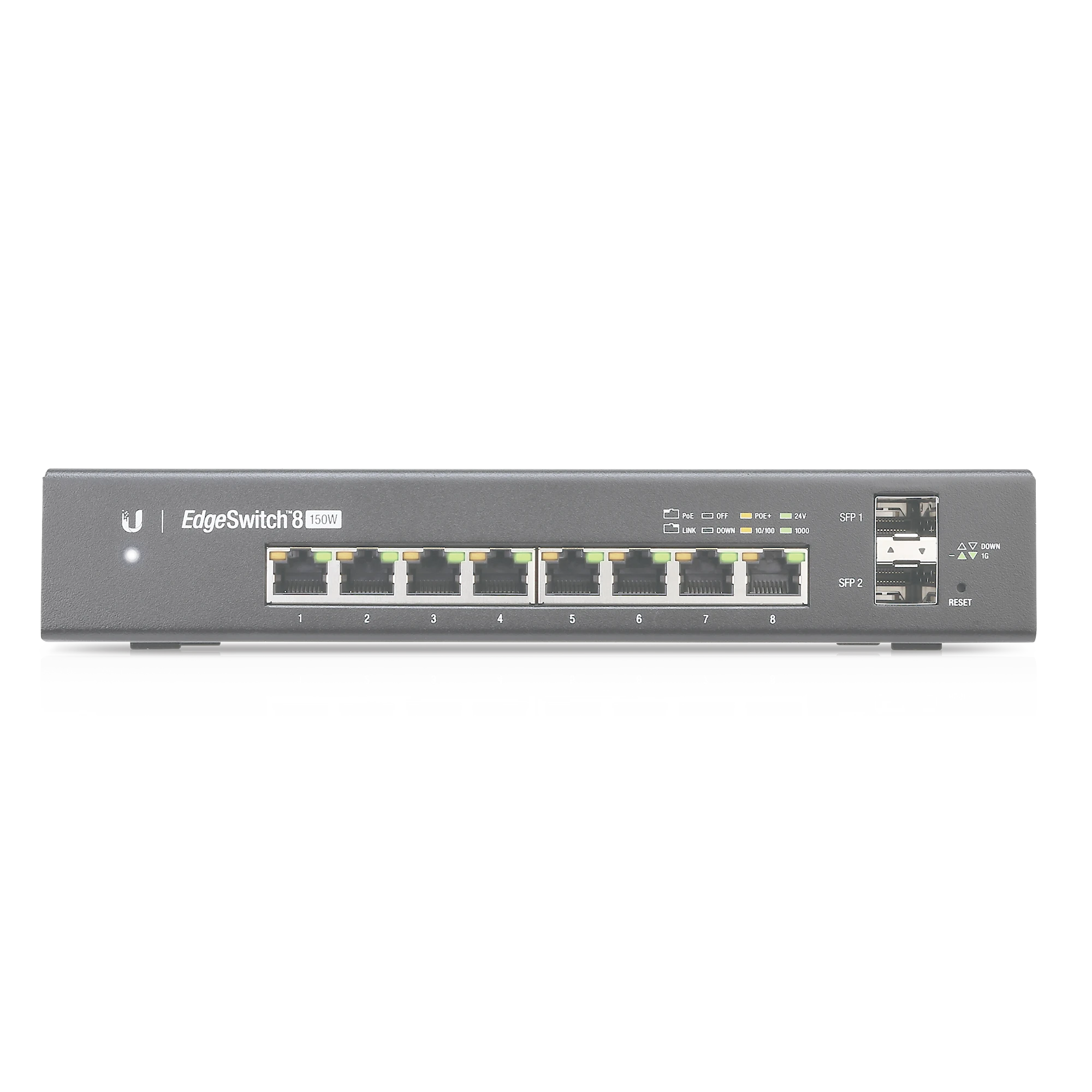SWITCH EDGEMAX ADMINISTRABLE DE 8 PUERTOS GIGABIT CON POE+/POE PASIVO 24V + 2 PUERTOS SFP, 150 W-Switches PoE-UBIQUITI-Bsai Seguridad & Controles