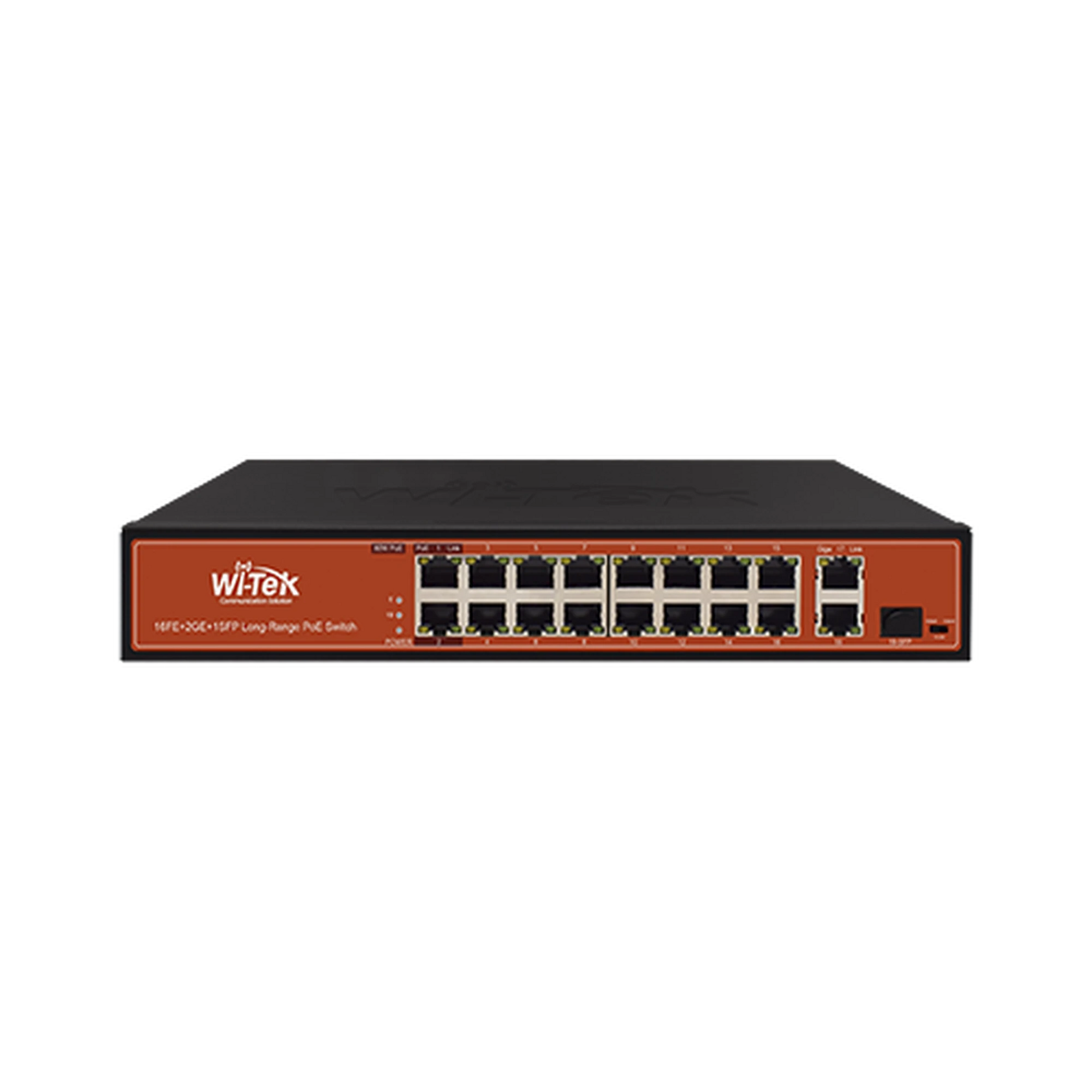 SWITCH FAST-ETHERNET POE NO ADMINISTRABLE DE LARGO ALCANCE, HASTA 250M, CON 16 X 10/100MBPS + 2 X 100/1000MBPS + 1 X SFP, 200 W-Switches PoE-WI-TEK-Bsai Seguridad & Controles