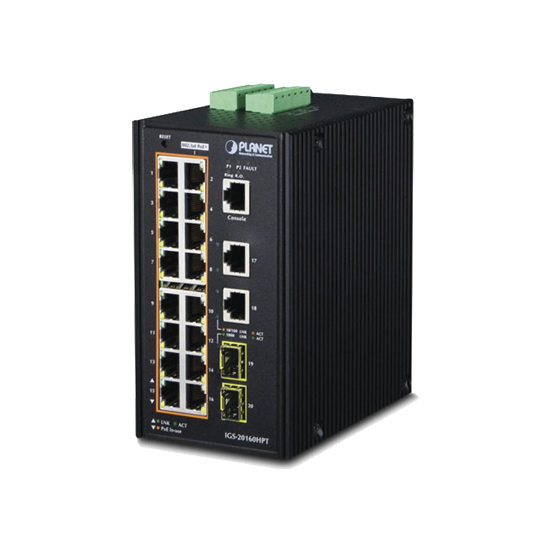 SWITCH INDUSTRIAL ADMINISTRABLE 16 PUERTOS 10/100/1000 T 802.3AT POE + 2 PUERTOS 10/100/1000 T + 2 PUERTOS 100/1000 X SFP-Industrial-PLANET-Bsai Seguridad & Controles