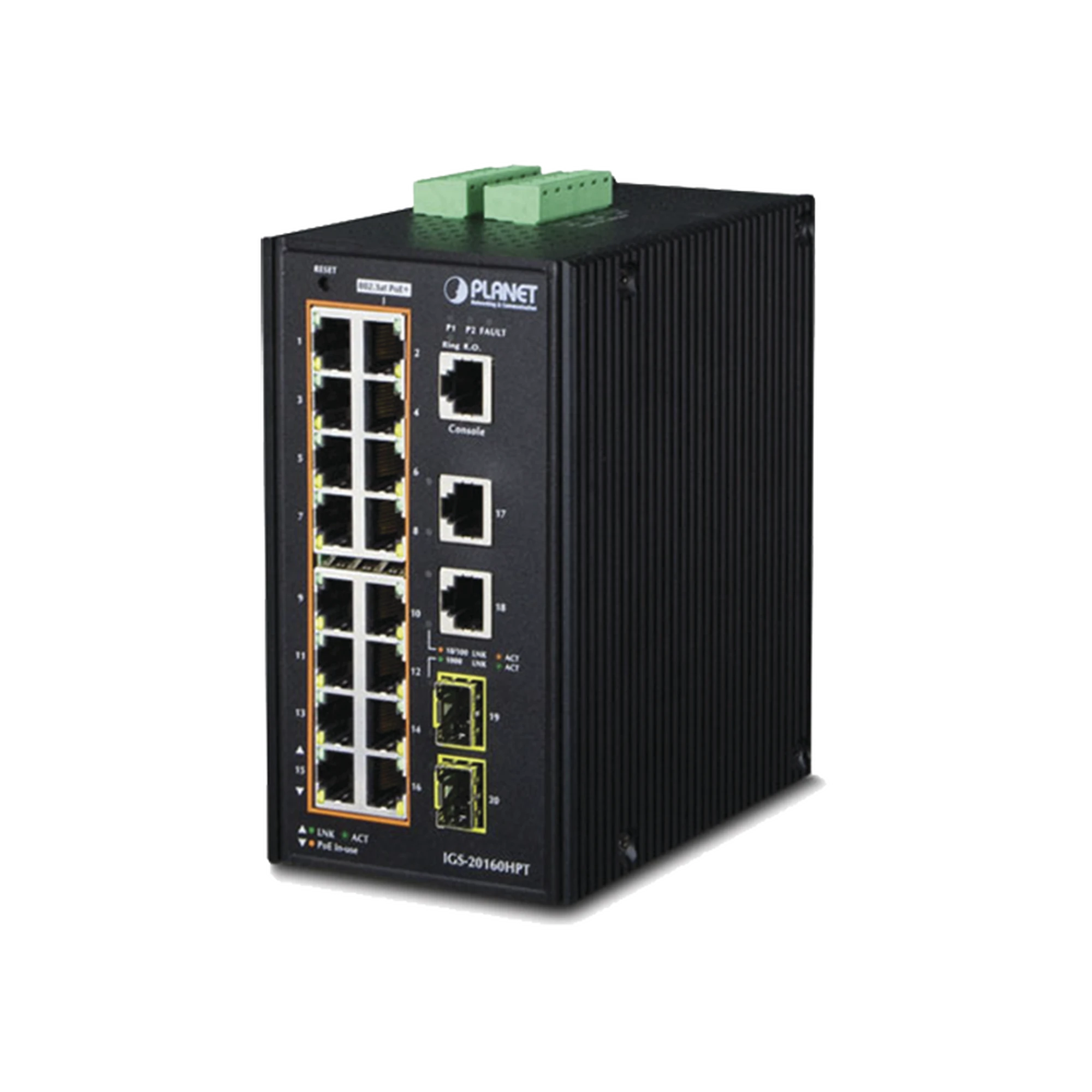 SWITCH INDUSTRIAL ADMINISTRABLE 16 PUERTOS 10/100/1000 T 802.3AT POE + 2 PUERTOS 10/100/1000 T + 2 PUERTOS 100/1000 X SFP-Industrial-PLANET-Bsai Seguridad & Controles