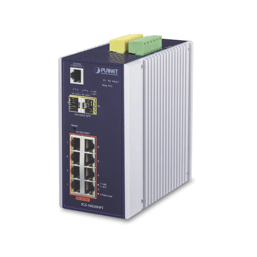 SWITCH INDUSTRIAL ADMINISTRABLE CAPA 2+ 8 PUERTOS POE 802.3AT GIGABIT, 2 PUERTOS SFP-Industrial-PLANET-Bsai Seguridad & Controles