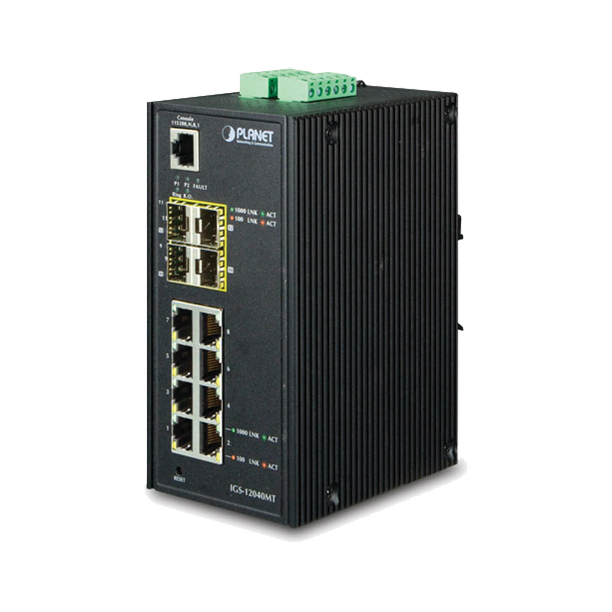 SWITCH INDUSTRIAL ADMINISTRABLE DE 8-PUERTOS 10/100/1000T + 4-PUERTOS 100/1000X SFP-Industrial-PLANET-Bsai Seguridad & Controles