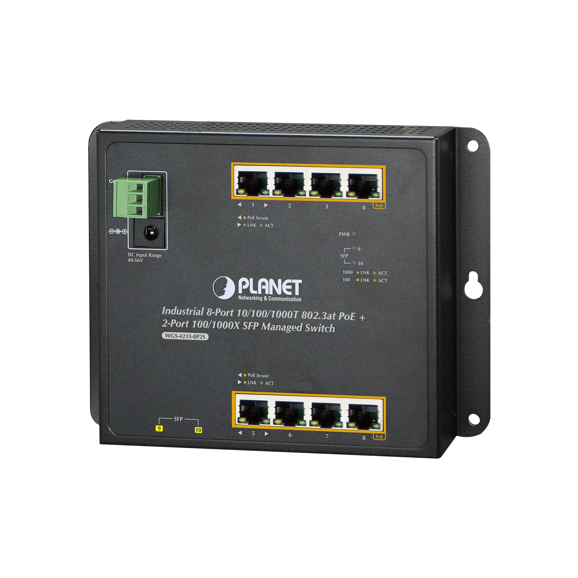 SWITCH INDUSTRIAL DE PARED DE 8 PUERTOS GIGABIT CON 4 PUERTOS POE+ 802.3AT Y 2 SFP-Industrial-PLANET-Bsai Seguridad & Controles