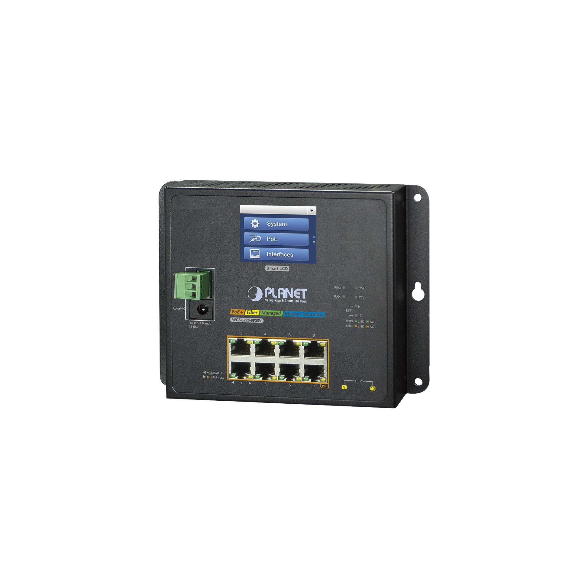 SWITCH INDUSTRIAL FLAT-TYPE 8 PUERTOS GIGABIT C/POE 802.3AT, 2 PUERTOS SFP, LCD-Industrial-PLANET-Bsai Seguridad & Controles